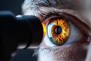 Close-up of human eye examination with retinal scan device in detail photo