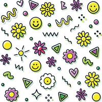 a colorful pattern with smiley faces and flowers vector