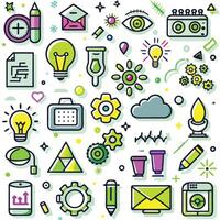 a set of colorful icons that include a light bulb, a clock, a clock, a light vector