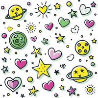 a colorful set of space and stars with hearts and planets vector