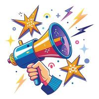 hand holding megaphone with colorful stars and lightning vector