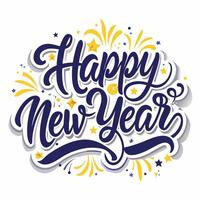 happy new year lettering design with fireworks and stars vector