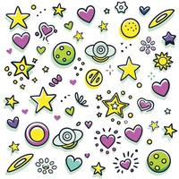 a set of colorful stars and planets on a white background vector