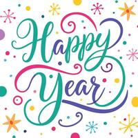 happy new year lettering with colorful dots and stars vector
