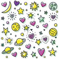 a set of colorful space and heart shaped objects vector