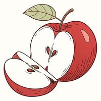 an apple with a slice cut in half and a leaf vector