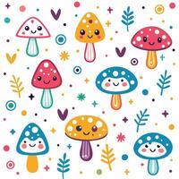 a set of colorful mushrooms with faces and hearts vector