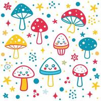 a set of colorful mushrooms and stars on a white background vector