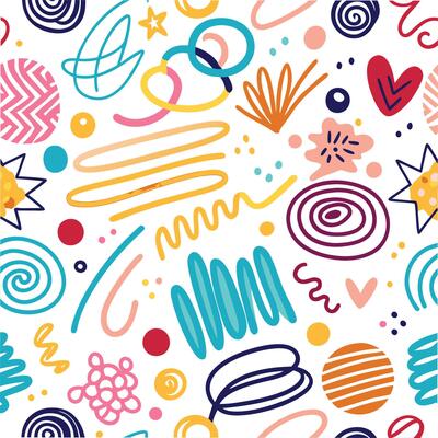 seamless pattern with colorful doodles and shapes