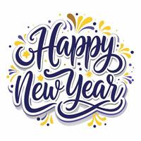 happy new year lettering design with fireworks and stars vector