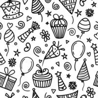 seamless birthday party pattern with balloons, cupcakes, hats and other items vector