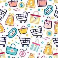 shopping seamless pattern with shopping cart, money and other items vector