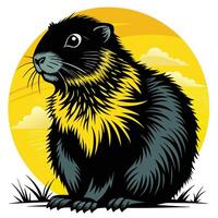 a black and yellow groundhog sitting in the grass vector