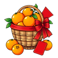 Cartoon Red Bow Basket Of Mandarin Oranges With Chinese Red Packets png