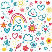 a colorful set of doodles with hearts, clouds and rainbows vector