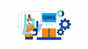 Quality management system in manufacturing 2D animation. Improving factory processes productivity 4K motion graphic. QMS manager animated character cartoon flat concept, white background video
