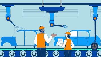 Manufacturing automobile industry cartoon animation. Automaker process 4K 2D motion graphic. Auto factory workers supervising assembling motor vehicles animated characters on blue background video