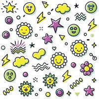 a set of colorful smiley faces and clouds vector