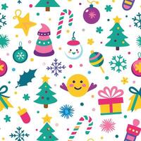christmas seamless pattern with snowman, tree, presents and other items vector