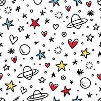 a seamless pattern with stars, hearts and planets vector
