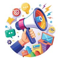 a hand holding a megaphone with various icons and other items vector