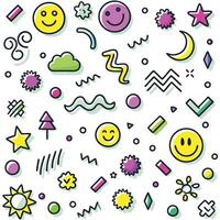 a colorful set of objects with smiley faces and other symbols vector