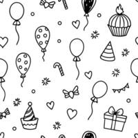 a black and white pattern with balloons, cupcakes, and other items vector