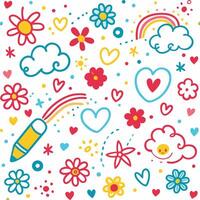 a colorful set of doodles with hearts, clouds, and rainbows vector