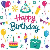 happy birthday card with colorful objects vector