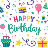 happy birthday card with colorful objects vector