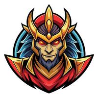 the face of a warrior with a red and gold helmet vector