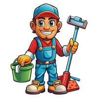 cartoon cleaner with bucket and mop vector