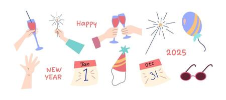 Set of New Year, Birthday Party, Surprise element with hands holding and drinking champagne glasses, Firecrackers, balloon, hat or cap, calendar for Holiday and event celebration illustration vector
