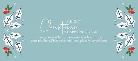 Merry Christmas and Happy New Year greeting template with leaves, berries and beautiful typography on baby blue background for banner vector
