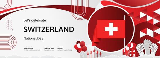 Swiss National Day invitation banner with bold colors, flag, and raised fist is perfect for a dynamic August 1st celebration vector