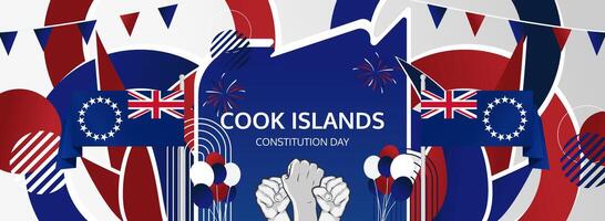 Cook Islands National Day festive banner, perfect for August 4th celebrations, with flags and raised fists in a bold, colorful design. vector