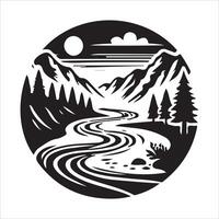 A river and mountains in a circular design vector