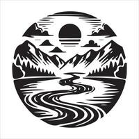 A river and mountains in a circular design vector