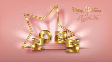 2025 golden 3D numbers Merry Christmas and Happy New Year banner with gold star frame in 3d platform studio display. Fashion Pedestal floor. Luxury Stage showcase podium, pink background vector