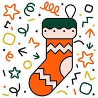 Advent colored sock with outline. Christmas advent calendar. Hanging Santa's sock in festive tinsel. vector