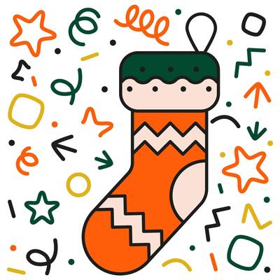 Advent colored sock with outline. Christmas advent calendar. Hanging Santa's sock in festive tinsel.