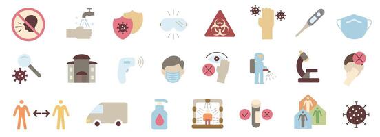 Bright colored icons related to the virus and its treatment. Preventing the spread of the virus. Virus and its treatment. vector