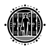 A black and white logo of a man standing in front of a locker vector