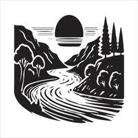 A river and trees in the forest with a sun in the background vector