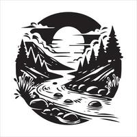 A river and mountains in a black and white design vector