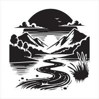 A river running through a mountain landscape with trees and grass vector