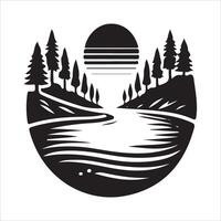 A black and white logo for a lake and trees vector