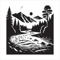 A black and white illustration of a river and trees vector