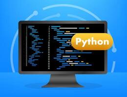 Computer monitor displaying python programming language code on blue background vector