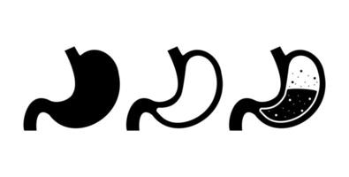 Human stomach showing fullness and different levels of digestion, black and white icon set vector